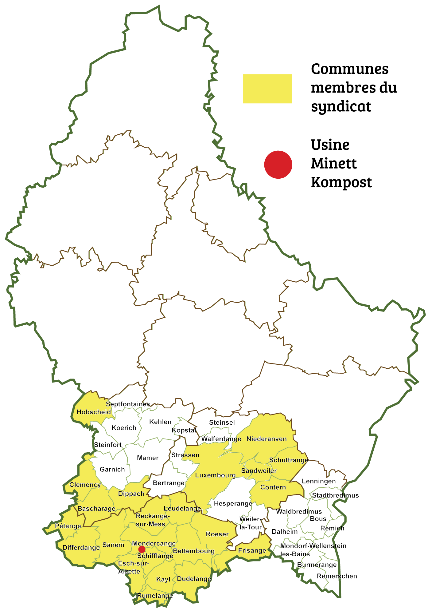 Carte des communes affiliées au syndicat Minett Kompost
